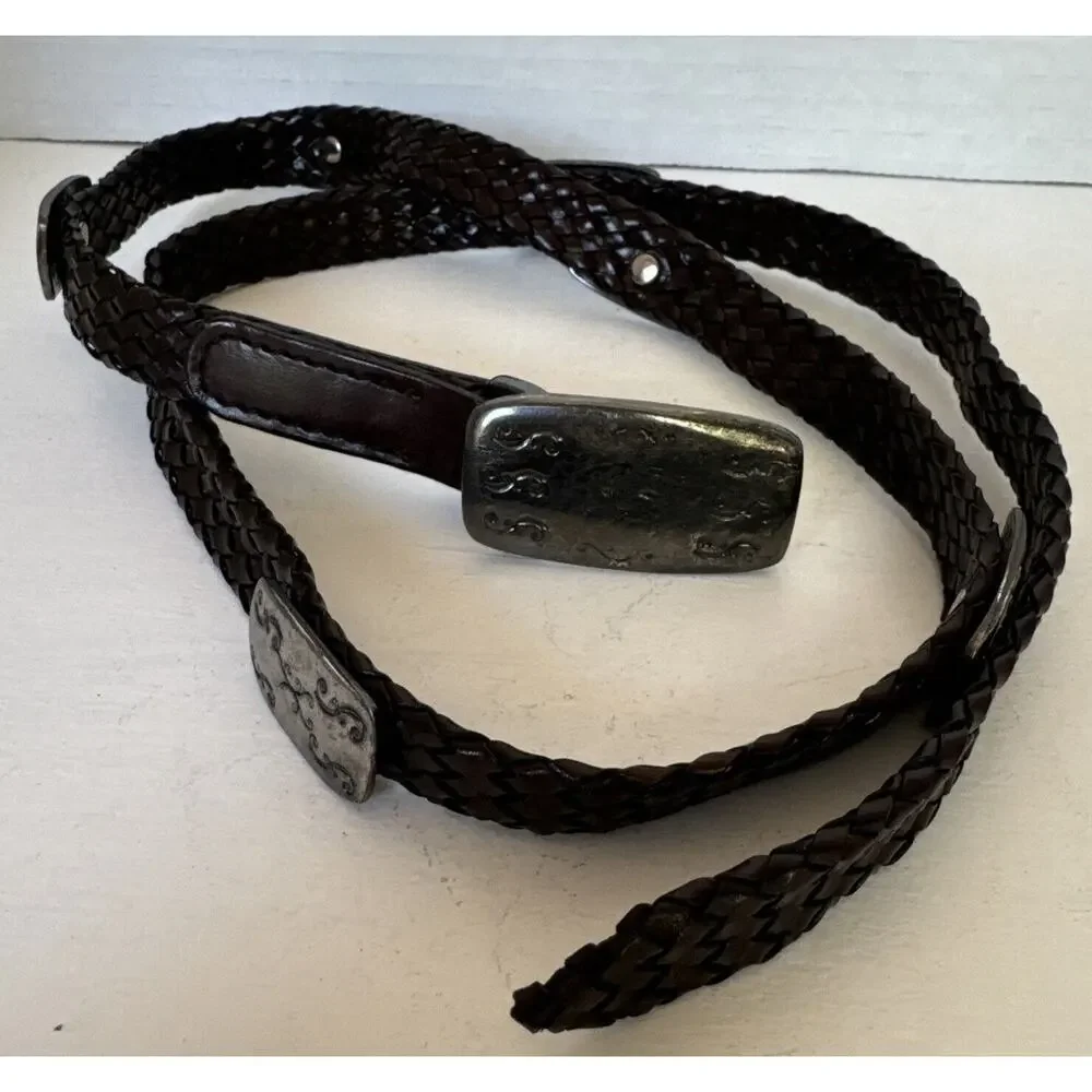 Women's Leather Belt Snake Brown Braided Made Italy Metal Details 37’